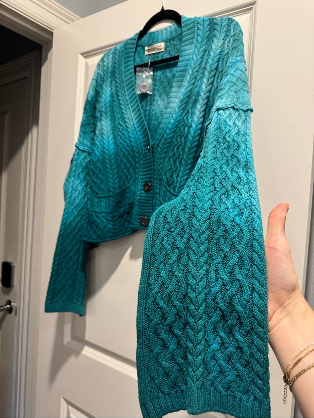 NWOT Free People Washed Ashore Cable Knit Cardi - Teal XSMALL - Picture 10 of 14